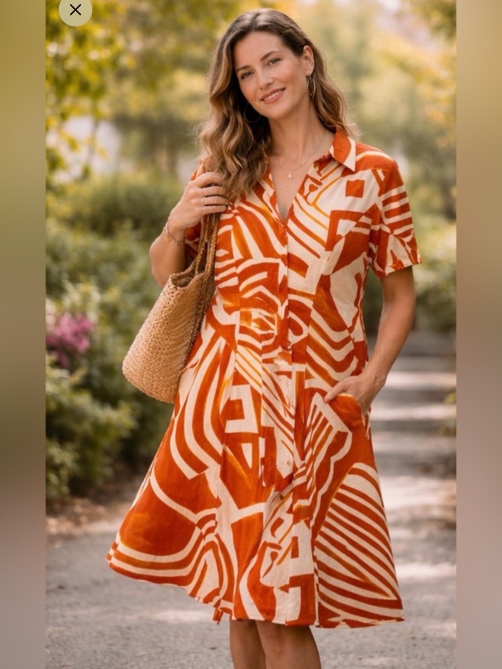 London Times Linen Blend Dress Size 12 NWT Orange Abstract Midi Button Down